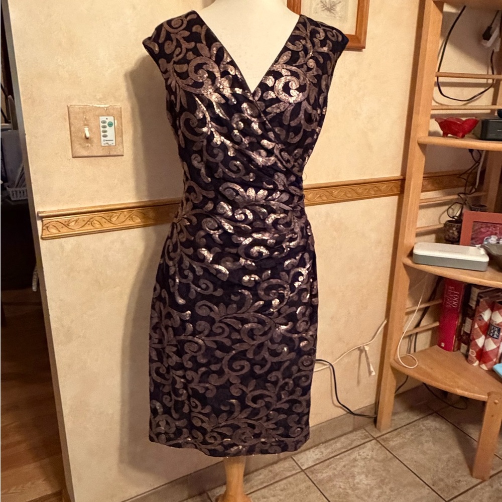 Lauren Ralph Black and Copper Sequins V-Neck Sheath Dress